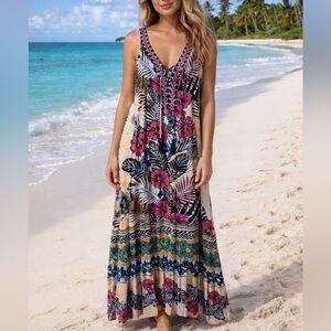 Hale Bob NWT $408 Tropical Floral Print Maxi Sundress Size L Summer Vacation
